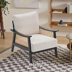 1 Seater Wooden Frame Rattan Armchair Accent Chair Grey Cushion Upholstered Sofa