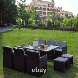 11 Pieces Rattan Garden Furniture Set Grey Cushion Cube Dining Chairs Table