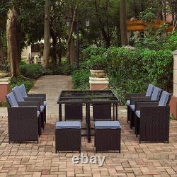 11 Pieces Rattan Garden Furniture Set Grey Cushion Cube Dining Chairs Table