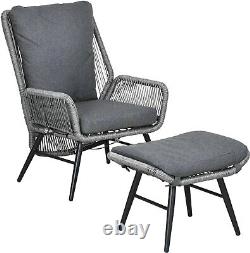 2 Pcs Garden Armchair Footstool Grey Rattan Reclining with Cushions Patio Set UK