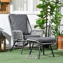 2 Pcs Garden Armchair Footstool Grey Rattan Reclining with Cushions Patio Set UK