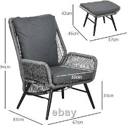 2 Pcs Garden Armchair Footstool Grey Rattan Reclining with Cushions Patio Set UK