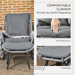 2 Pcs Garden Armchair Footstool Grey Rattan Reclining with Cushions Patio Set UK