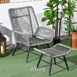 2 Pcs Garden Armchair Footstool Grey Rattan Reclining with Cushions Patio Set UK