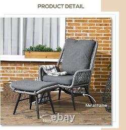 2 Pcs Garden Armchair Footstool Grey Rattan Reclining with Cushions Patio Set UK