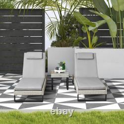 3 PCs Rattan Sun Lounger Set with Cushions, 5-Level Chaise Lounge Chair Set