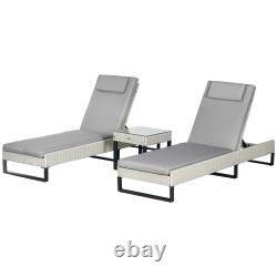 3 PCs Rattan Sun Lounger Set with Cushions, 5-Level Chaise Lounge Chair Set