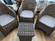 3x Rattan Armchairs/ Accent Chairs With Curved Backs, Cushions And Storage Table