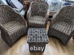 3x Rattan Armchairs/ Accent Chairs with Curved Backs, Cushions and Storage table