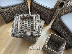3x Rattan Armchairs/ Accent Chairs with Curved Backs, Cushions and Storage table