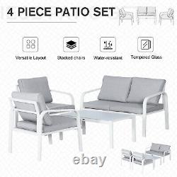 4 Pcs Aluminium Garden Dining Chairs Sofa Glass Top Table Set with Cushions White