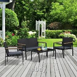 4 Pcs PE Rattan Furniture Set with 3 Cushioned Chairs Glass Tabletop Table Grey