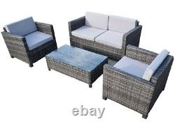 4 Seater Mixed Grey Rattan Garden Furniture Set, Sofa, 2 Chairs + GlassTop Table
