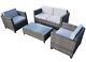 4 Seater Mixed Grey Rattan Garden Furniture Set, Sofa, 2 Chairs + Glasstop Table