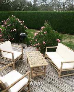 4Set Garden OUTDOOR Sofa with Grey CUSHIONS Lounge Bench Table Seater Bamboo