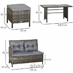6 PCs Patio Wicker Corner Dining Set Rattan Chair Stool Table Set Cushioned Grey