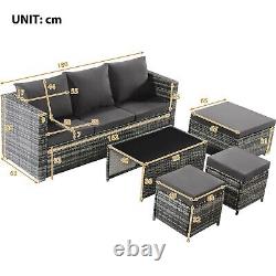 6 Seater Rattan Sofa Set Garden GlassTop Coffee Table Storage Seat Cushion Grey