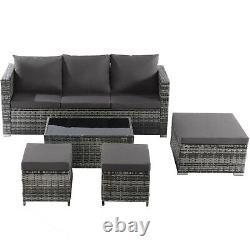 6 Seater Rattan Sofa Set Garden GlassTop Coffee Table Storage Seat Cushion Grey