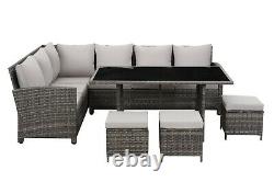 9 Seater Rattan Garden Furniture Dining Set with Corner Sofa & Table. Brown/Grey