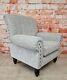 Arm Chair With Roll Top Grey Chenille Fabric With Large Brass Stud Detail
