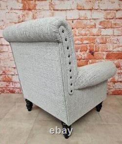 Arm Chair with Roll Top Grey Chenille Fabric with Large Brass Stud Detail