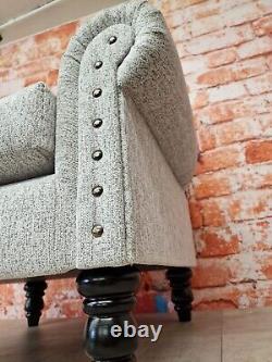 Arm Chair with Roll Top Grey Chenille Fabric with Large Brass Stud Detail