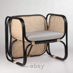 Bermuda Armchair Black Curved Rattan Chair Bohemian Cane Frame Grey Cushion