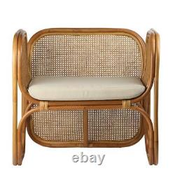 Bermuda Armchair Natural Curved Rattan Chair Bohemian Cane Frame Grey Cushion