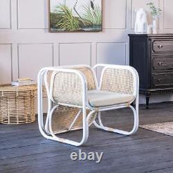 Bermuda Armchair White Curved Rattan Chair Bohemian Cane Frame Grey Cushion