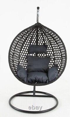 Black 105cm Hanging Rattan Patio Garden Egg Chair with Grey Cushions, WithP Cover