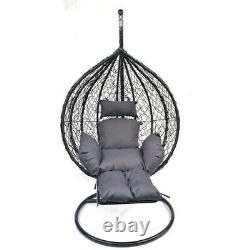Black Hanging Rattan Swing Patio Garden Chair Egg w Grey Cushion Footrest Rainco