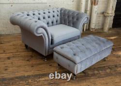 British Handmade Platinum Grey Velvet Chesterfield Snuggle Chair, & Footstool