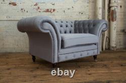 British Handmade Platinum Grey Velvet Chesterfield Snuggle Chair, & Footstool