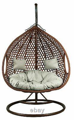Brown Double Rattan Hanging Egg Chair Grey cushion Patio Garden Indoor Outdoor