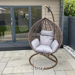 CGC Brown Egg Chair Hand Weaved Rattan Rust Proof Swing Large Grey Cushion