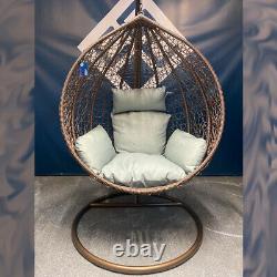 CGC Brown Egg Chair Hand Weaved Rattan Rust Proof Swing Large Grey Cushion