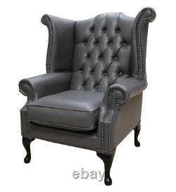 Chesterfield Queen Anne High Back Wing Chair Grey Italian Leather
