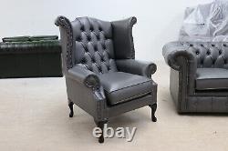 Chesterfield Queen Anne Wing Chair Handmade In Bonded Grey Leather