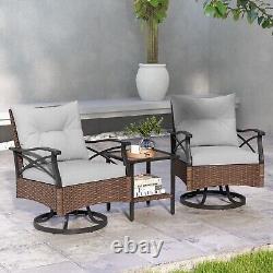 Costway 3 Piece Patio Swivel Rocker Set Wicker Rocking Chairs with Back Cushions