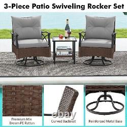 Costway 3 Piece Patio Swivel Rocker Set Wicker Rocking Chairs with Back Cushions