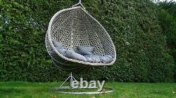 Double Egg Chair Swing Chair Grey Rattan With Cushion & Cover