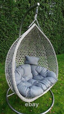 Double Egg Chair Swing Chair Grey Rattan With Cushion & Cover