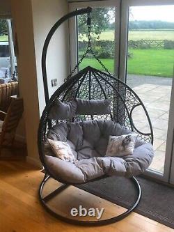 Double Egg Swing Chair With Base, Stand & Grey Cushions