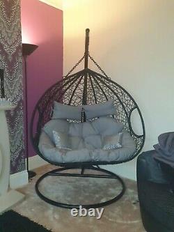 Double Egg Swing Chair With Base, Stand & Grey Cushions