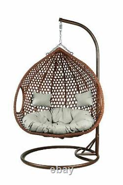 Double Rattan Hanging Egg Chair Brown Grey cushion Patio Garden Indoor Outdoor
