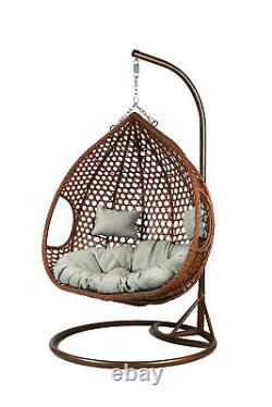 Double Rattan Hanging Egg Chair Brown Grey cushion Patio Garden Indoor Outdoor