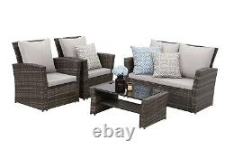 ECASA Outdoor Rattan Garden Furniture 4 Seat Armchair Sofa Set With Table Brown