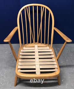 ERCOL WINDSOR Easy Chair, Model 204 Armchair, Natural Beech, Grey Cushions