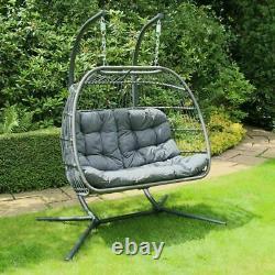 Eleanor Foldable Grey Rattan Hanging Double Egg Chair with Cushion & Steel Frame