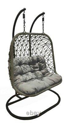 Extra large Double Grey Hanging Egg Chair With Cushion Rattan Style New 2021